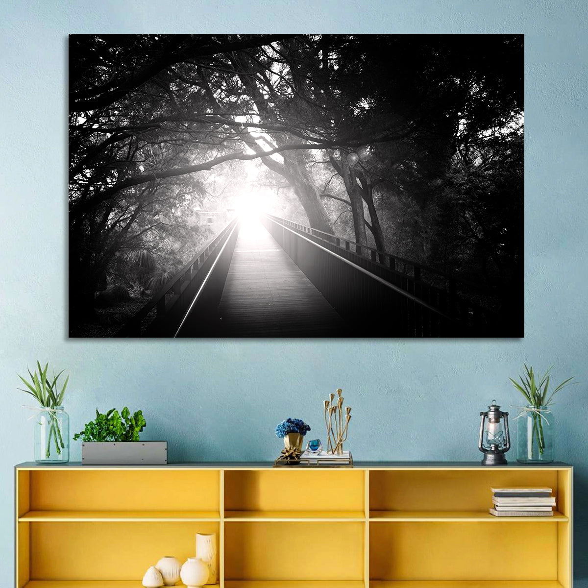 Foggy Forest Bridge Wall Art in a room, landscape