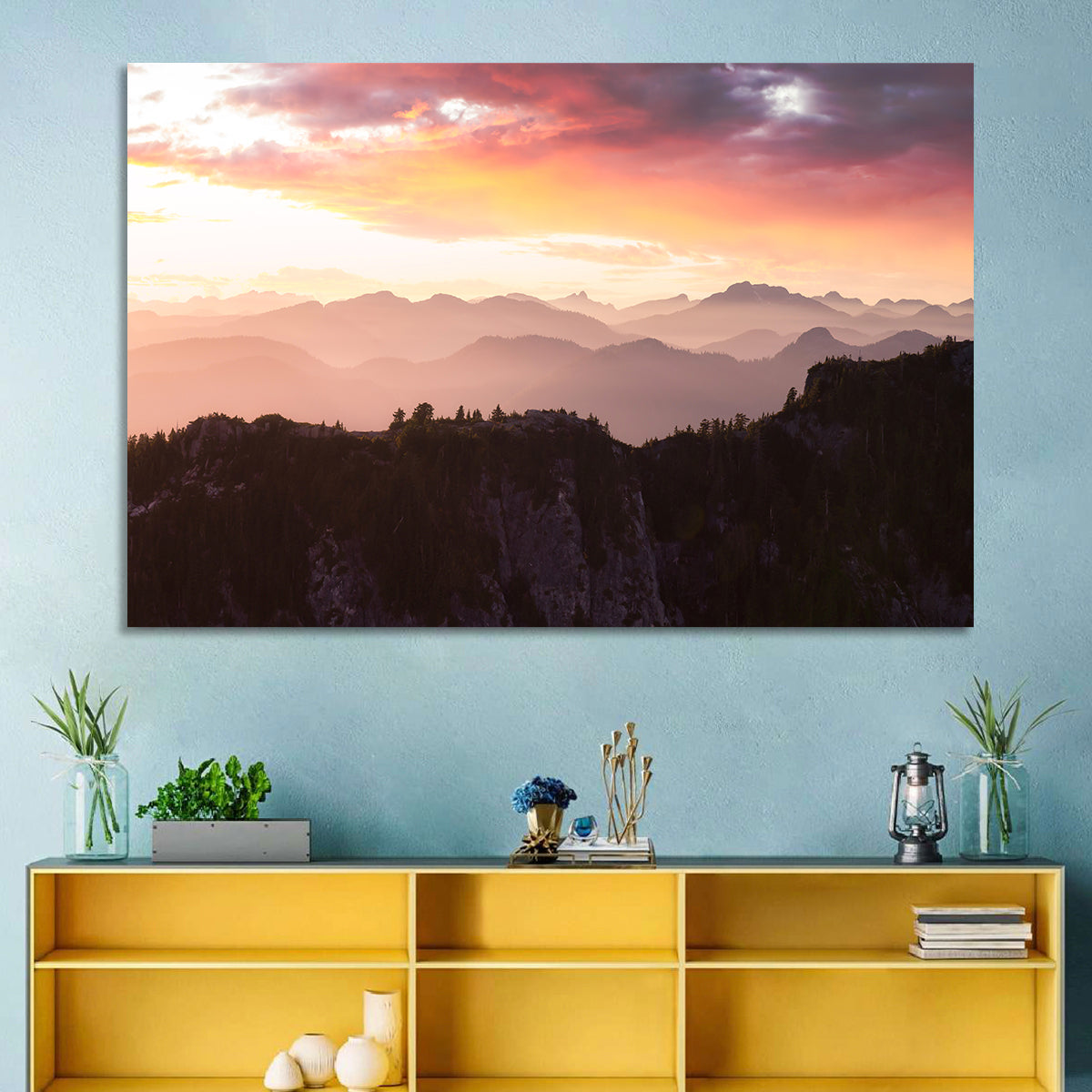 Vancouver Mountains at Sunset Wall Art in a room, landscape