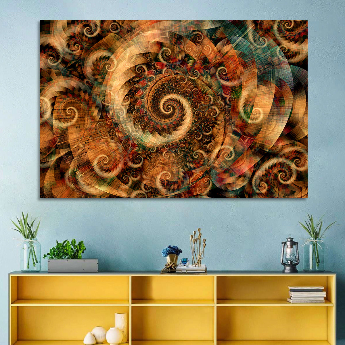 Golden Spiral Fractal Wall Art in a room, landscape