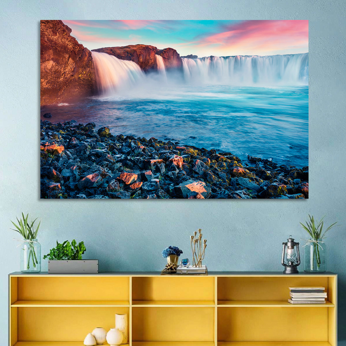 Goðafoss Waterfall at Sunset Wall Art in a room, landscape