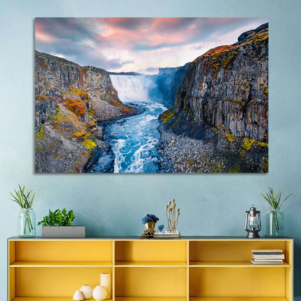 Dettifoss Waterfall Wall Art in a room, landscape