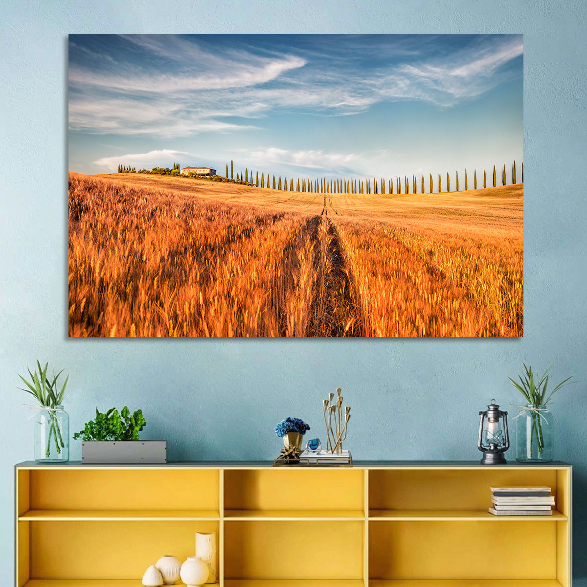 Tuscan Wheat Field Wall Art in a room, landscape