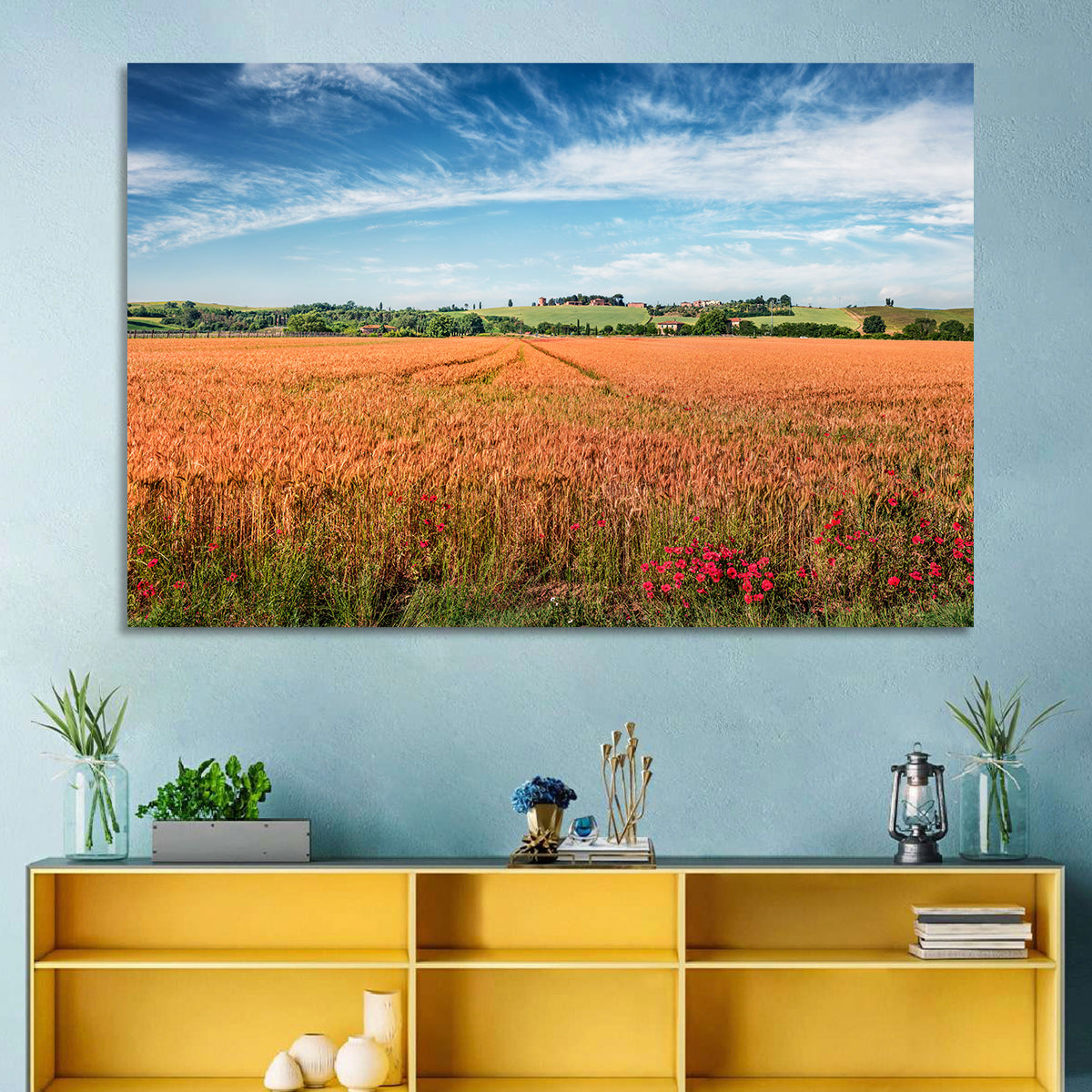 Golden Wheat Field with Poppies Wall Art in a room, landscape