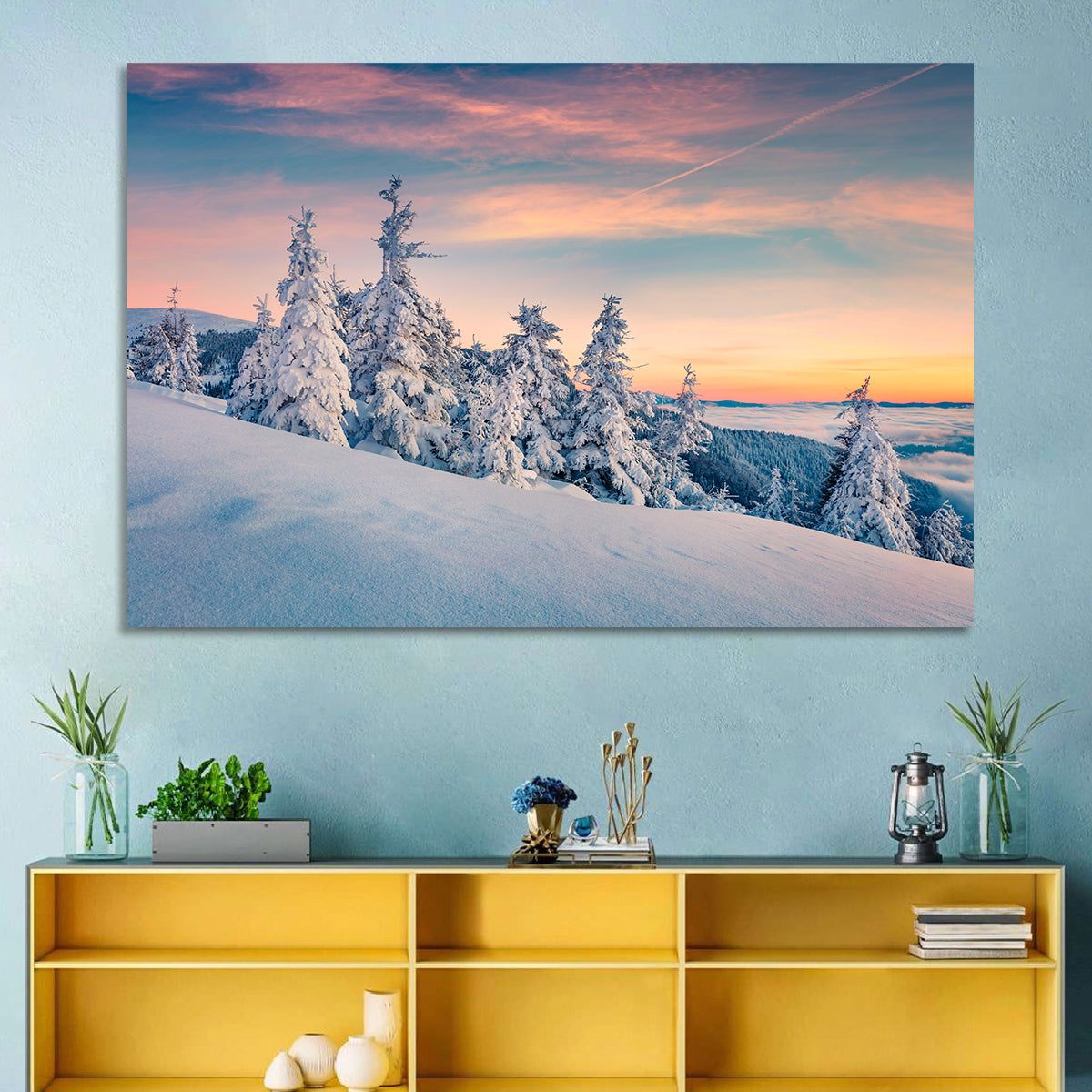 Snowy Carpathian Sunset Wall Art in a room, landscape