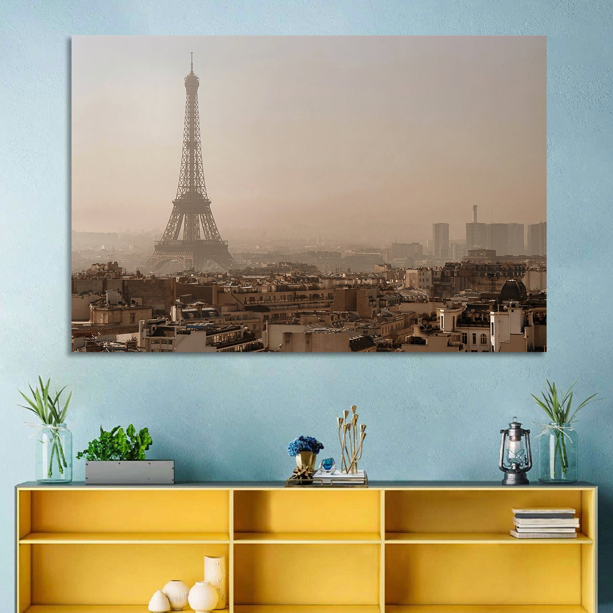 Eiffel Tower Over Paris Rooftops Wall Art in a room, landscape