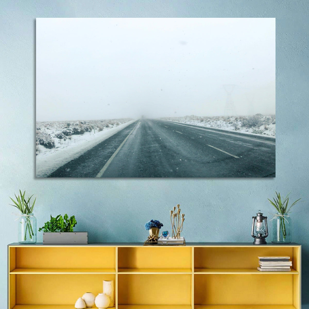 Foggy Winter Mountain Road Wall Art in a room, landscape