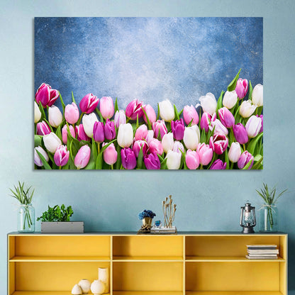 Tulips on Textured Blue Wall Art