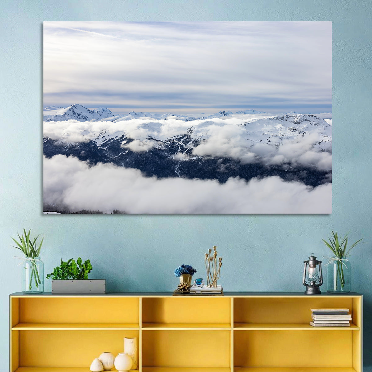Snow-capped Whistler Peaks Wall Art in a room, landscape