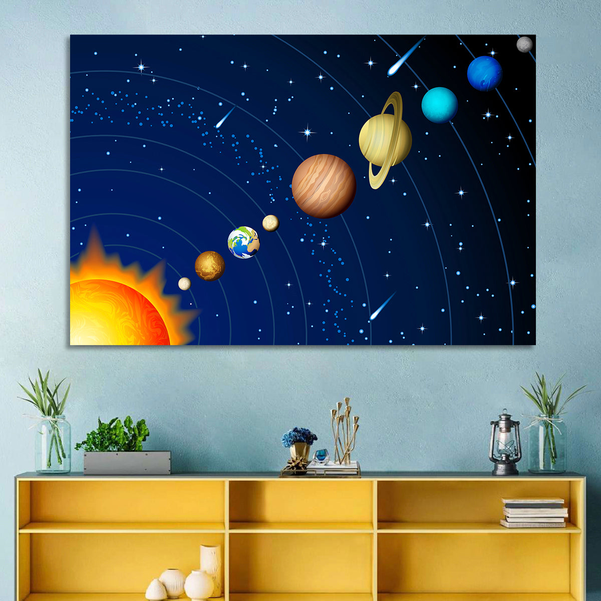 Diagonal Solar System Illustration Wall Art in a room, landscape