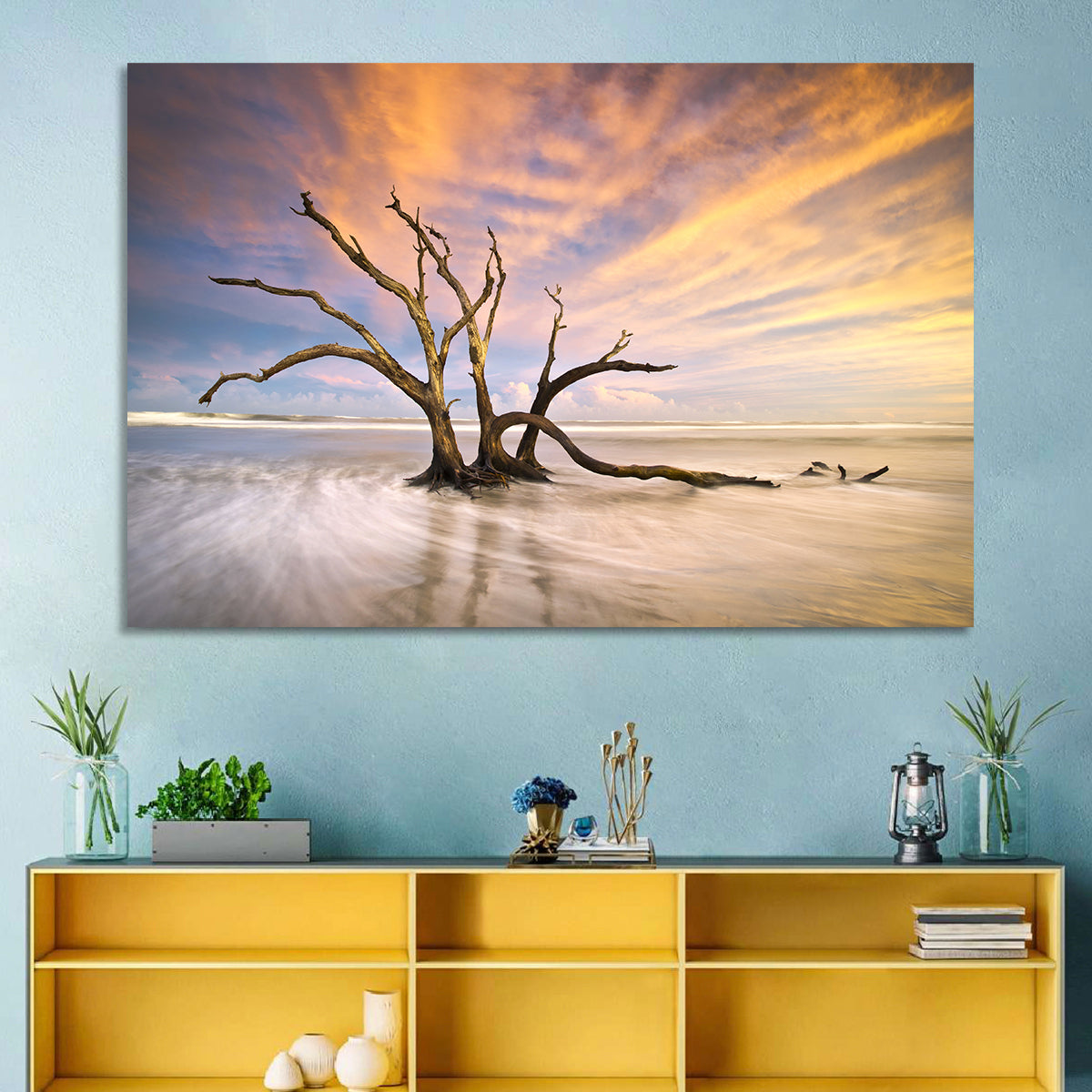 Folly Beach Driftwood Sunset Wall Art in a room, landscape