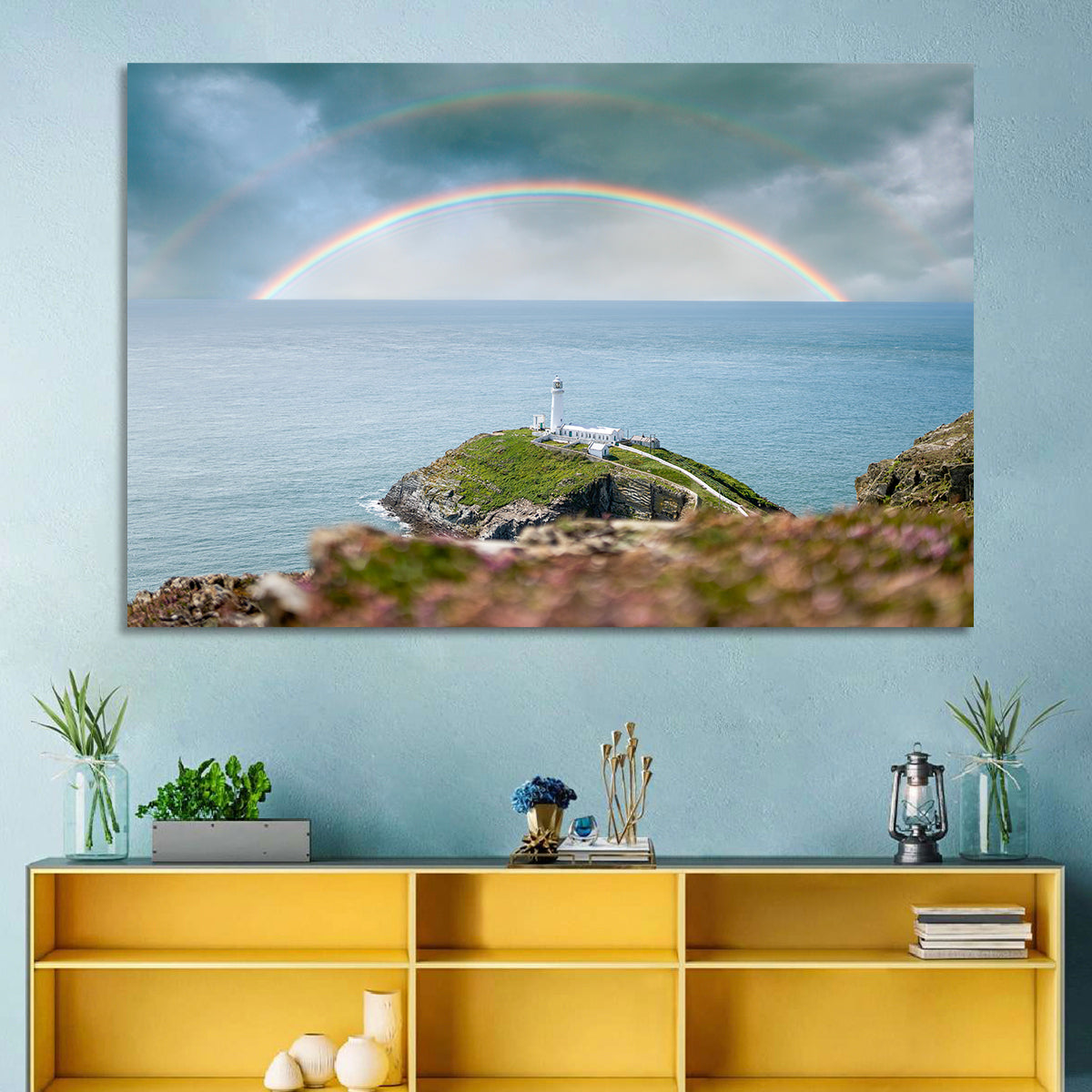 South Stack Lighthouse Coastline Wall Art in a room, landscape