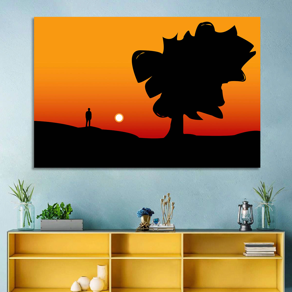 Solitary Sunset Silhouette Wall Art in a room, landscape