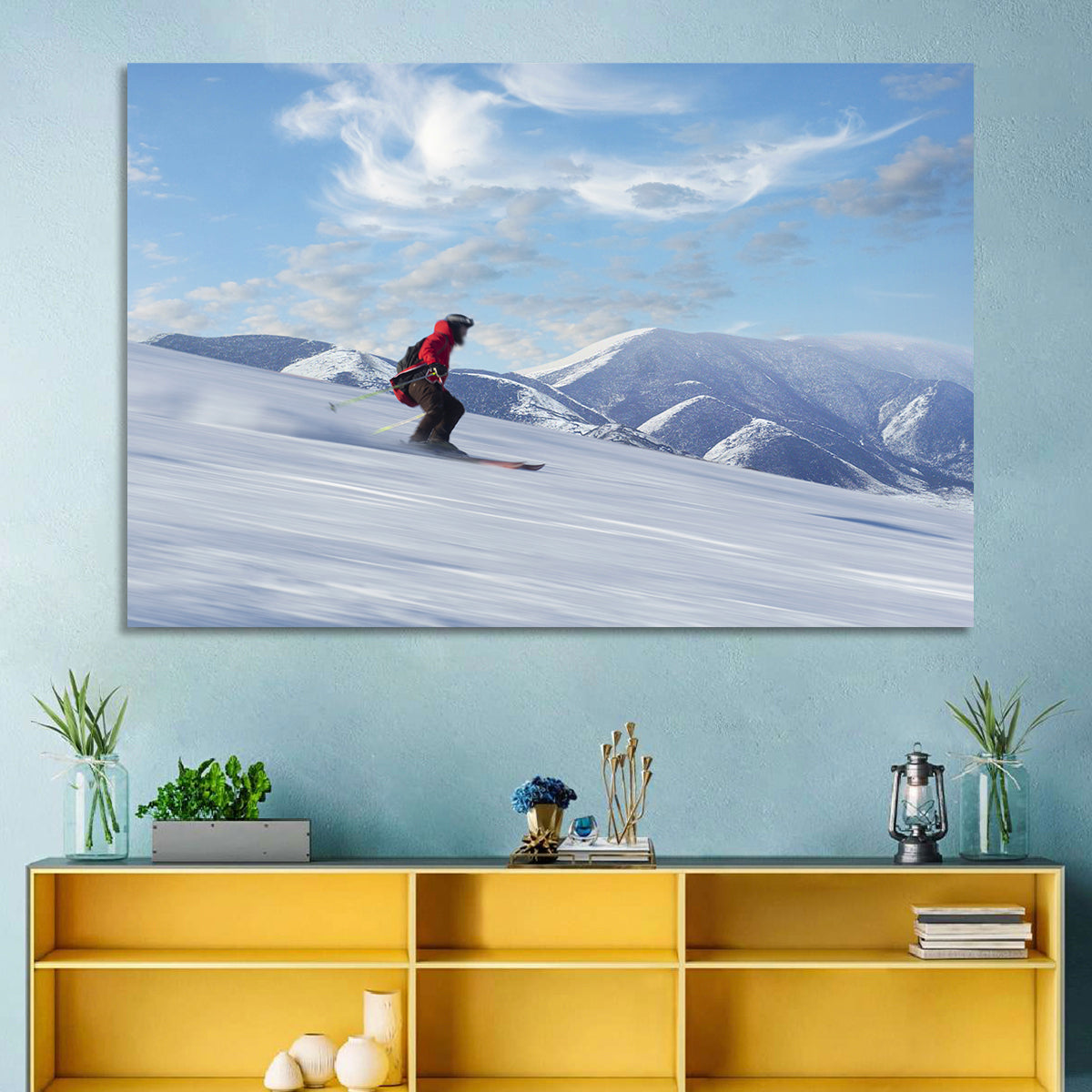 Skier on Snowy Mountain Slope Wall Art in a room, landscape