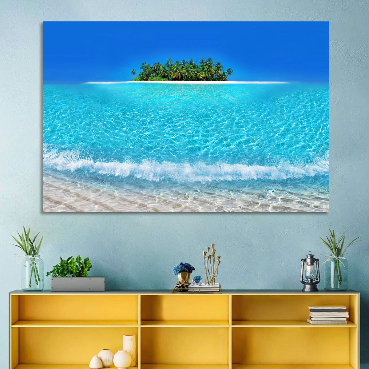 Turquoise Atoll Sandbar with Palm Trees Wall Art in a room, landscape