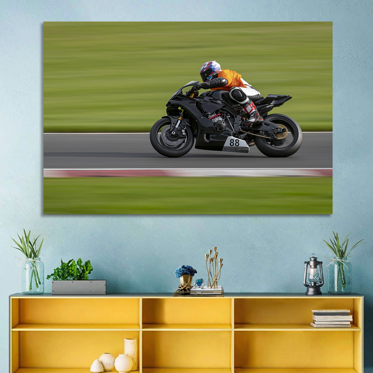 Motorcycle Racer No. 88 Wall Art in a room, landscape