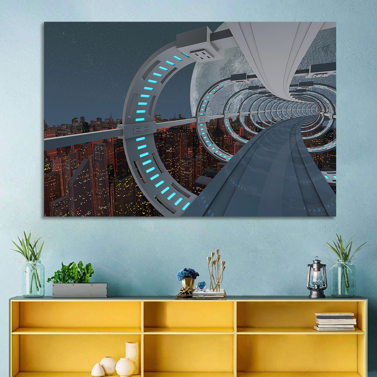 Futuristic City Tunnel with Moon Wall Art in a room, landscape