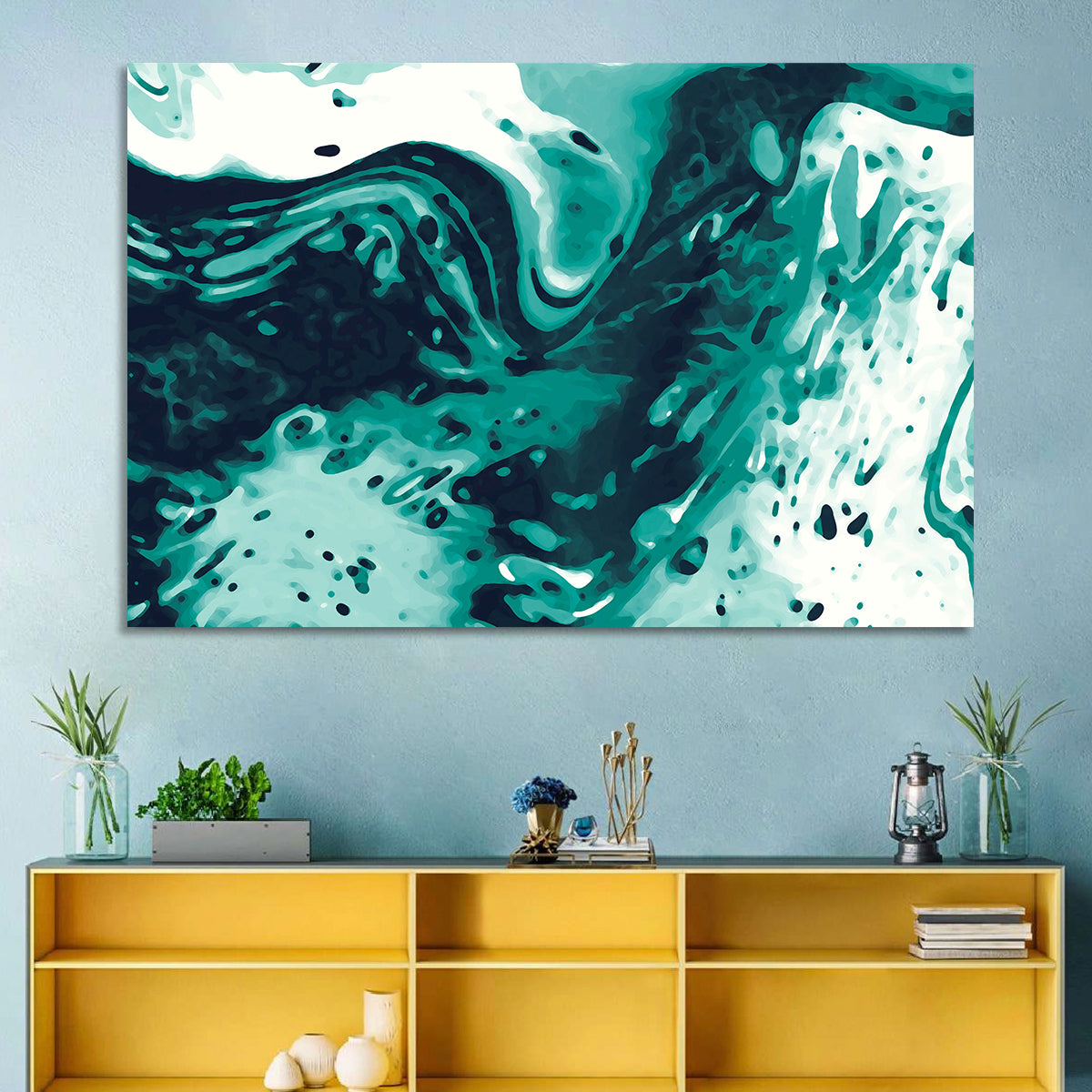 Teal Wave Abstract Wall Art in a room, landscape