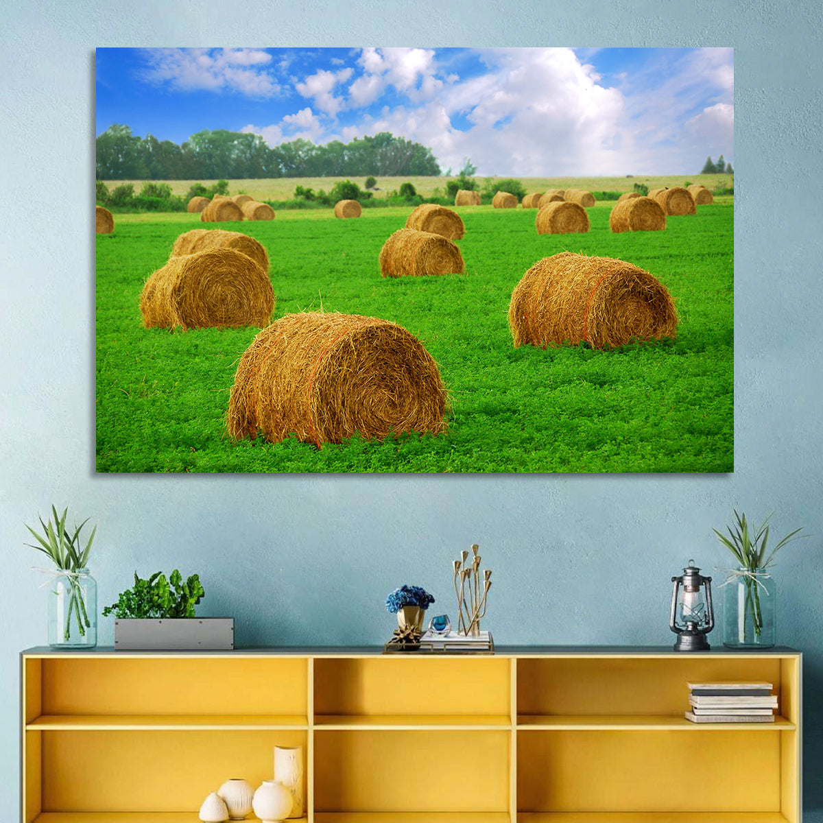 Golden Hay Bales in Green Field Wall Art