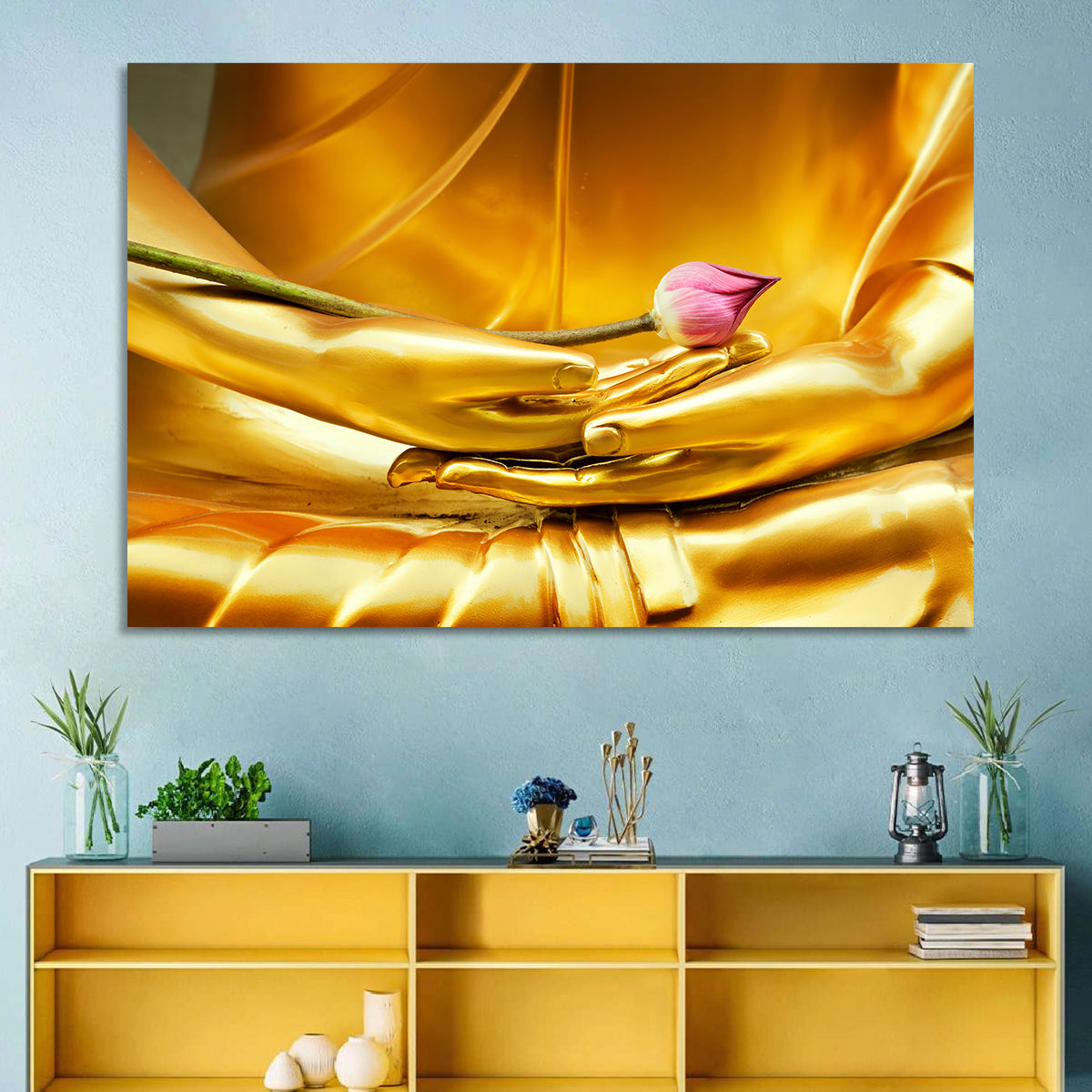 Buddha Hands with Lotus Wall Art in a room, landscape