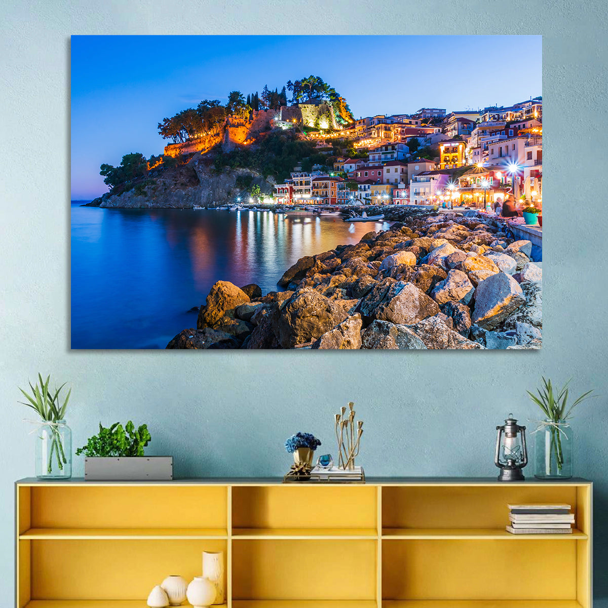 Parga Harbor at Dusk Wall Art in a room, landscape