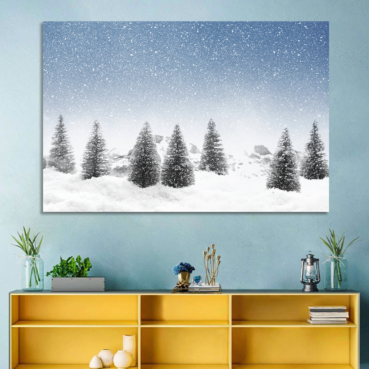 Winter Pine Trees Landscape Wall Art in a room, landscape