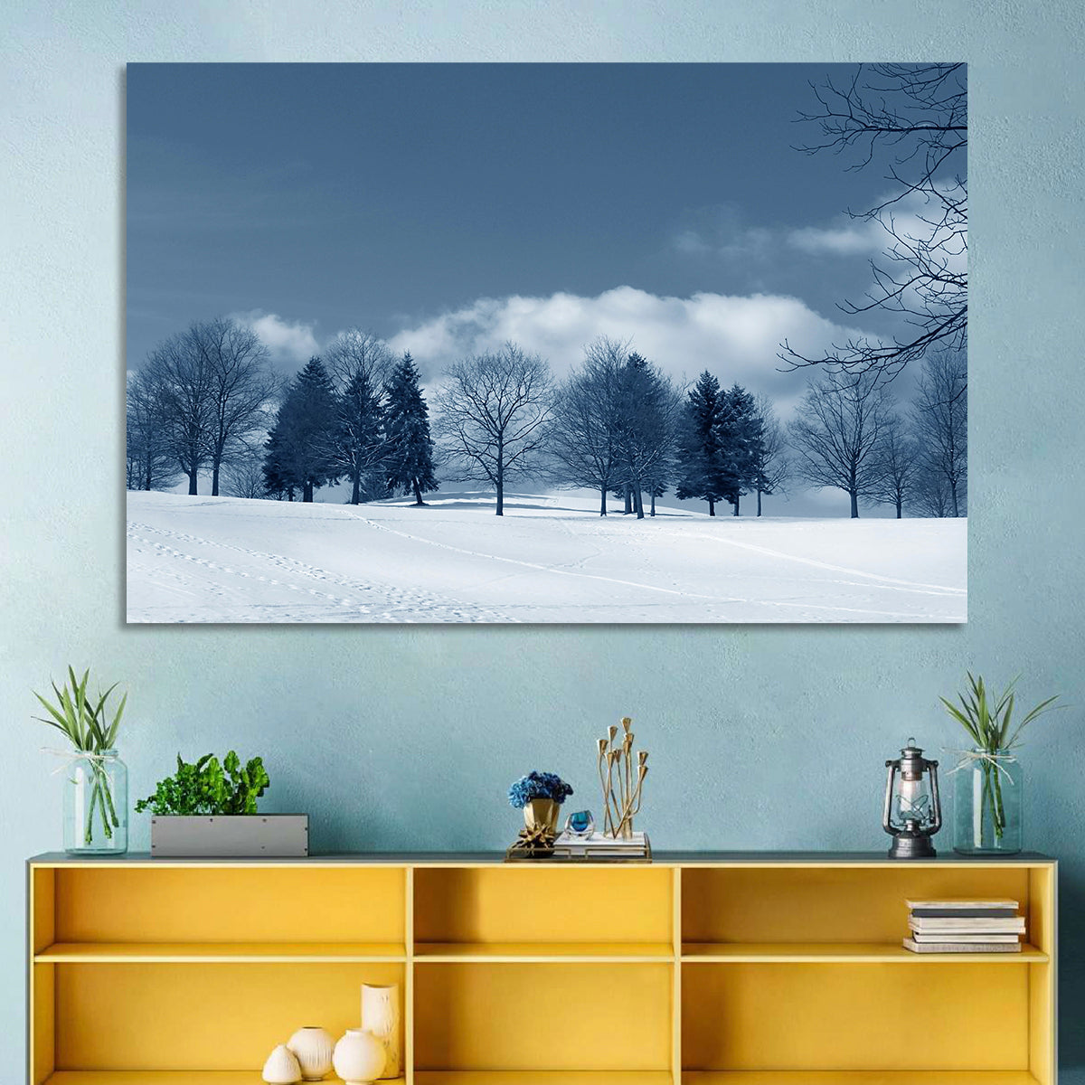 Snowy Field with Tracks Wall Art in a room, landscape