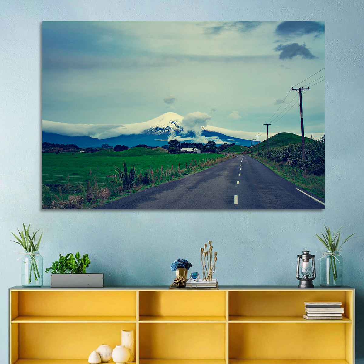 Empty Road to Mount Taranaki Wall Art in a room, landscape
