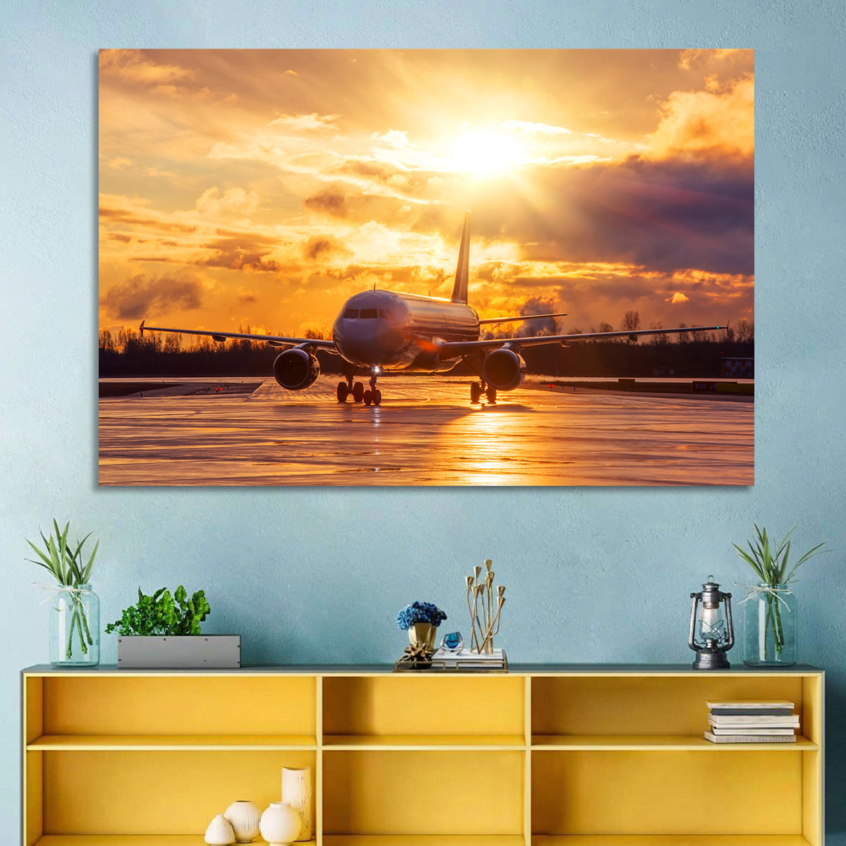 Golden Hour Airliner on Wet Runway Wall Art in a room, landscape