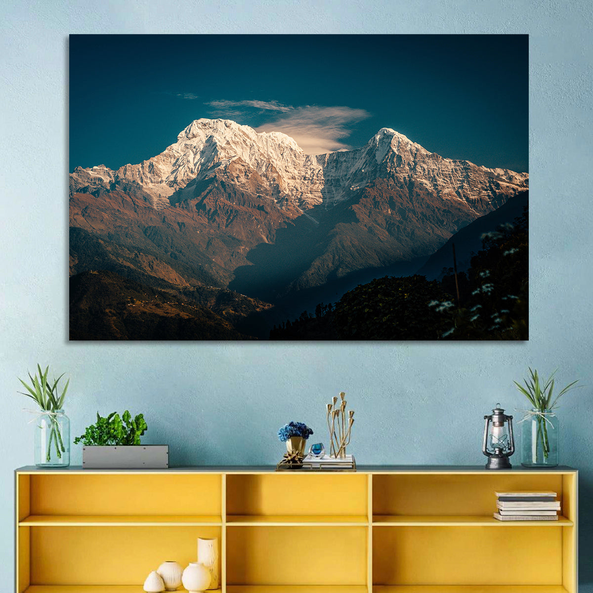 Annapurna South Summit with Wispy Clouds Wall Art in a room, landscape
