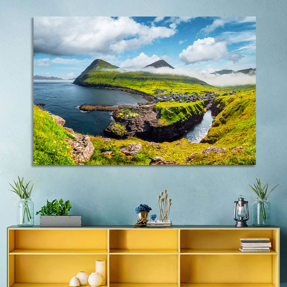Gjógv Harbor Coastal Village Wall Art in a room, landscape