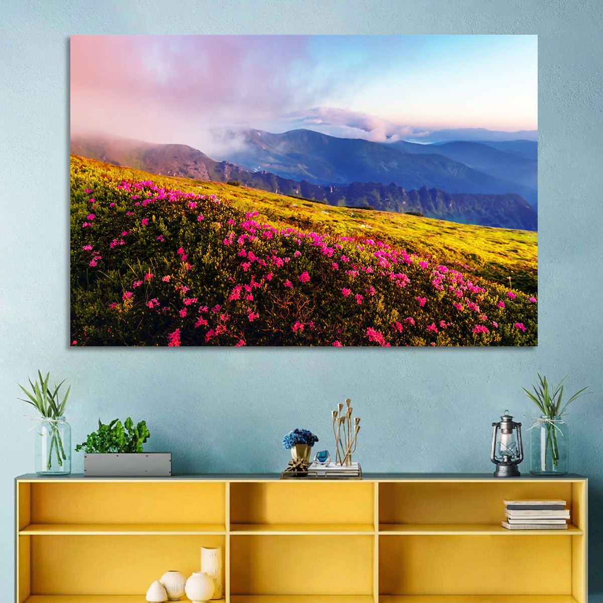 Alpine Rhododendron Meadow at Golden Hour Wall Art in a room, landscape