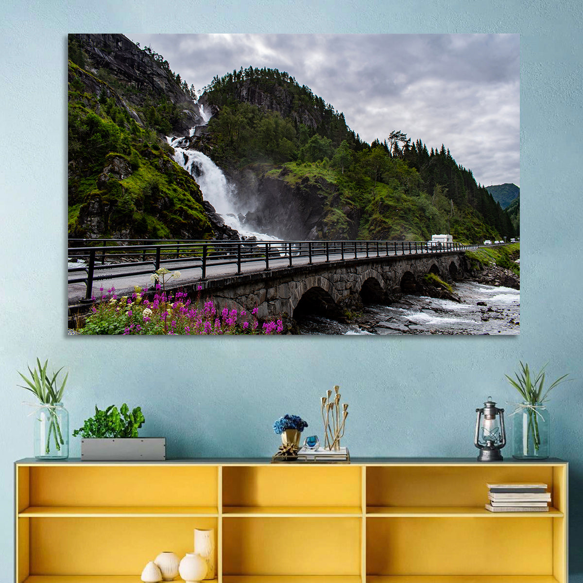 Låtefossen Stone Bridge and Waterfall Wall Art in a room, landscape