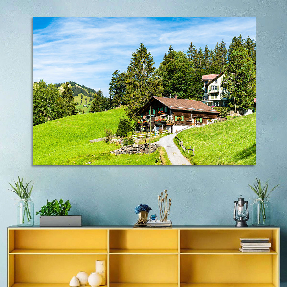 Wengen Alpine Chalet Path Wall Art in a room, landscape