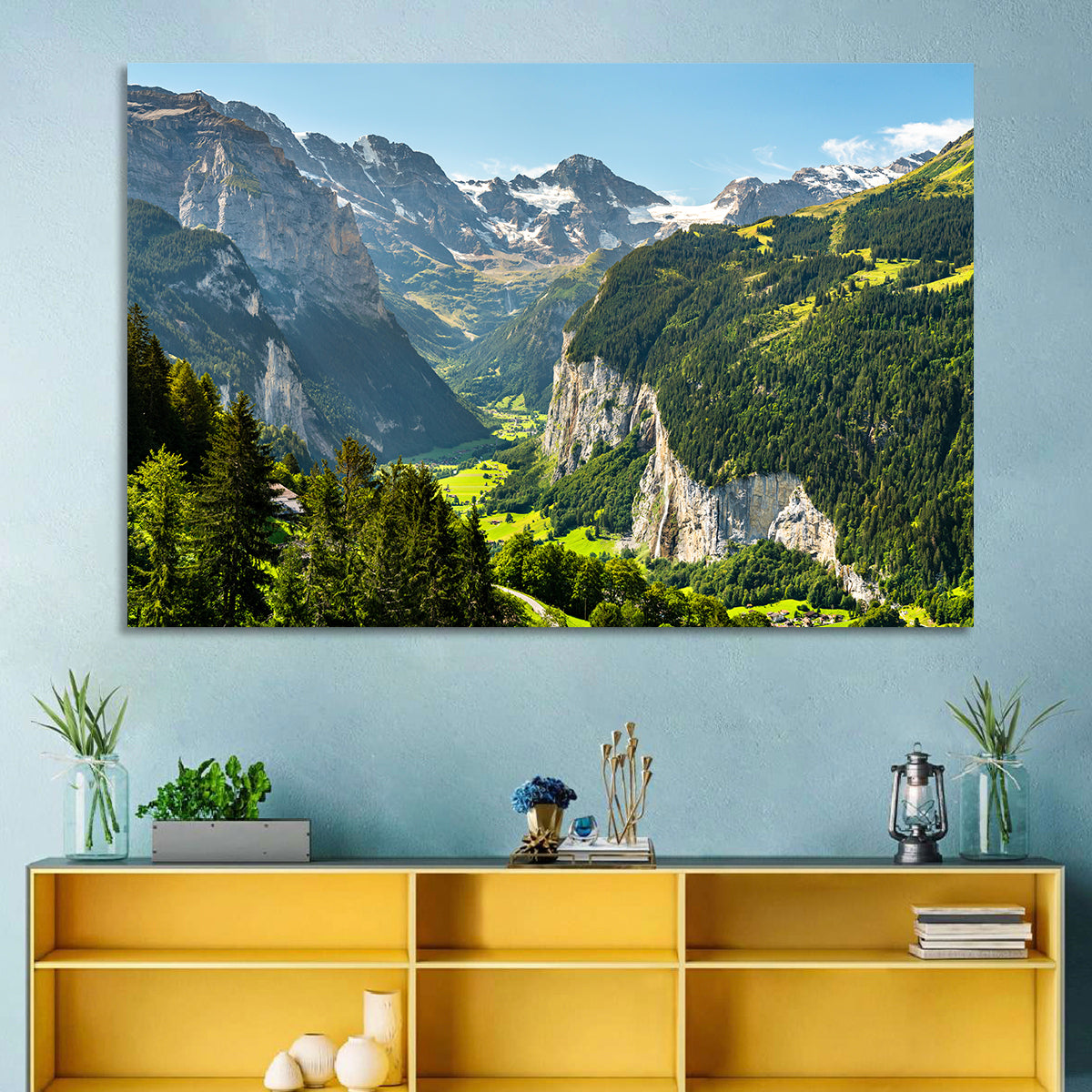 Lauterbrunnen Valley Waterfall View Wall Art in a room, landscape