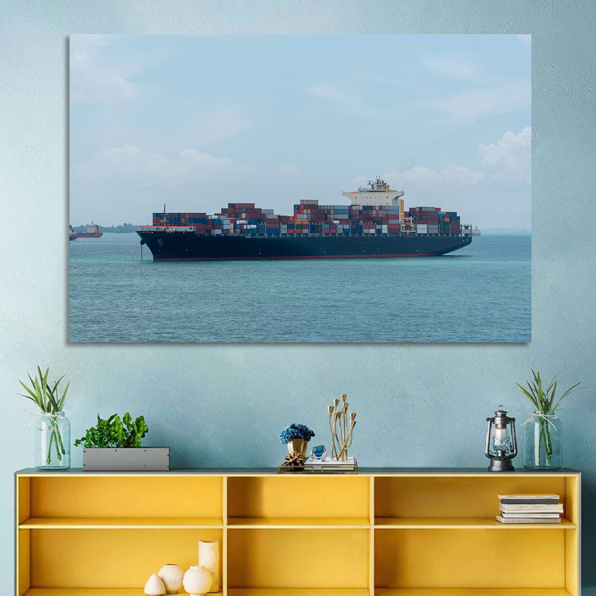 Harbor Container Ship at Sea Wall Art in a room, landscape