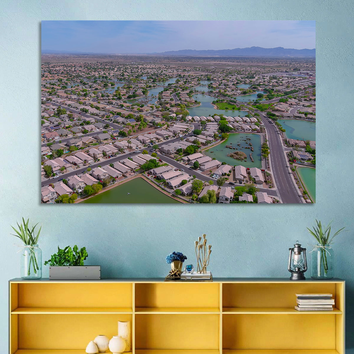 Aerial Desert Suburb with Lakes Wall Art