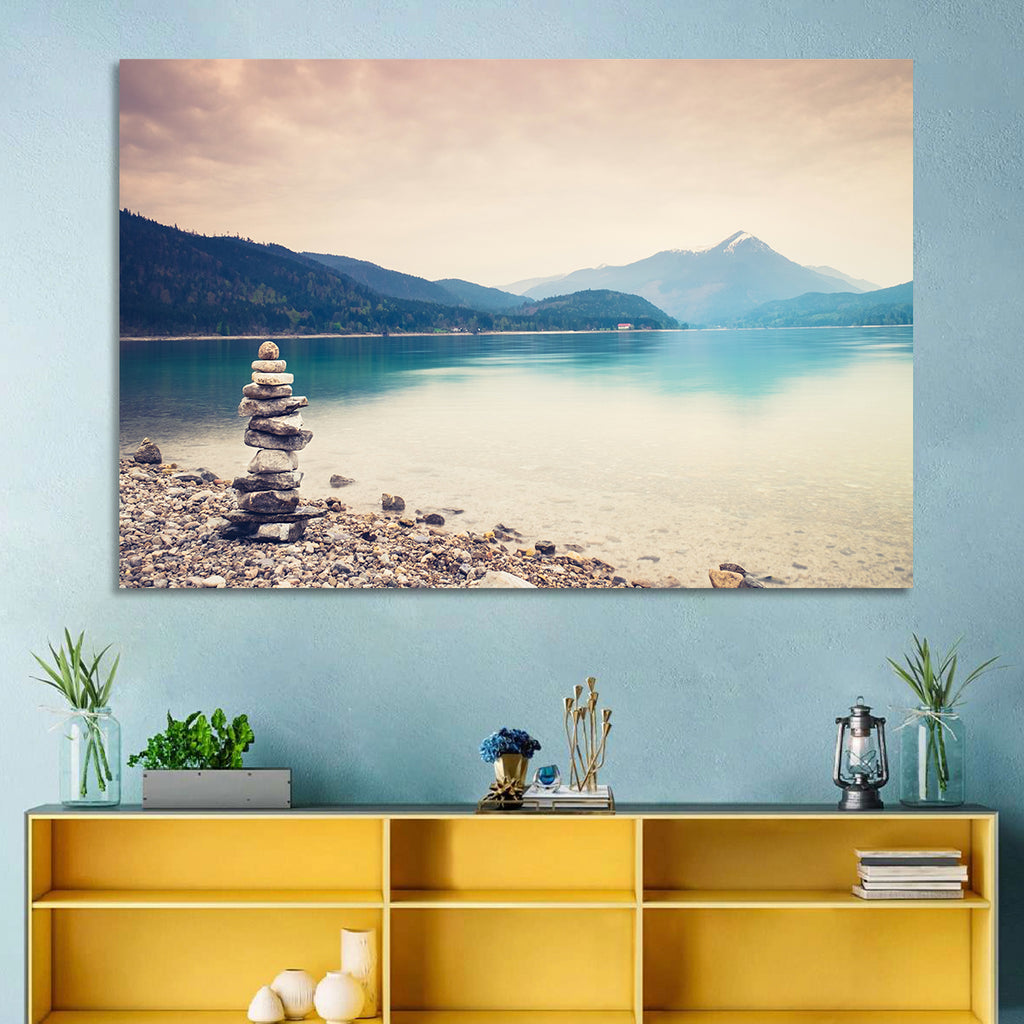 Stone Cairn by a Mountain Lake Wall Art