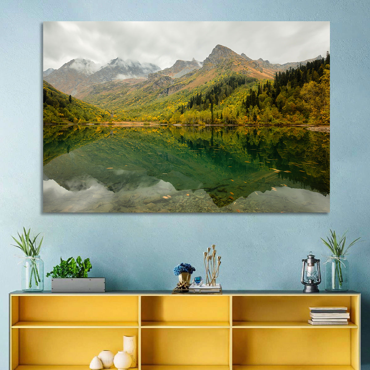 Kardyvach Lake Reflection Under Clouded Peaks Wall Art