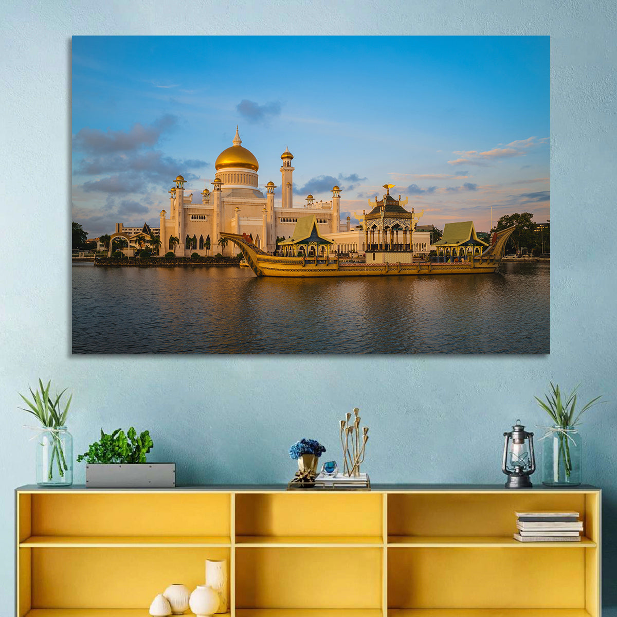 Sultan Omar Ali Saifuddien Mosque at Golden Hour Wall Art in a room, landscape