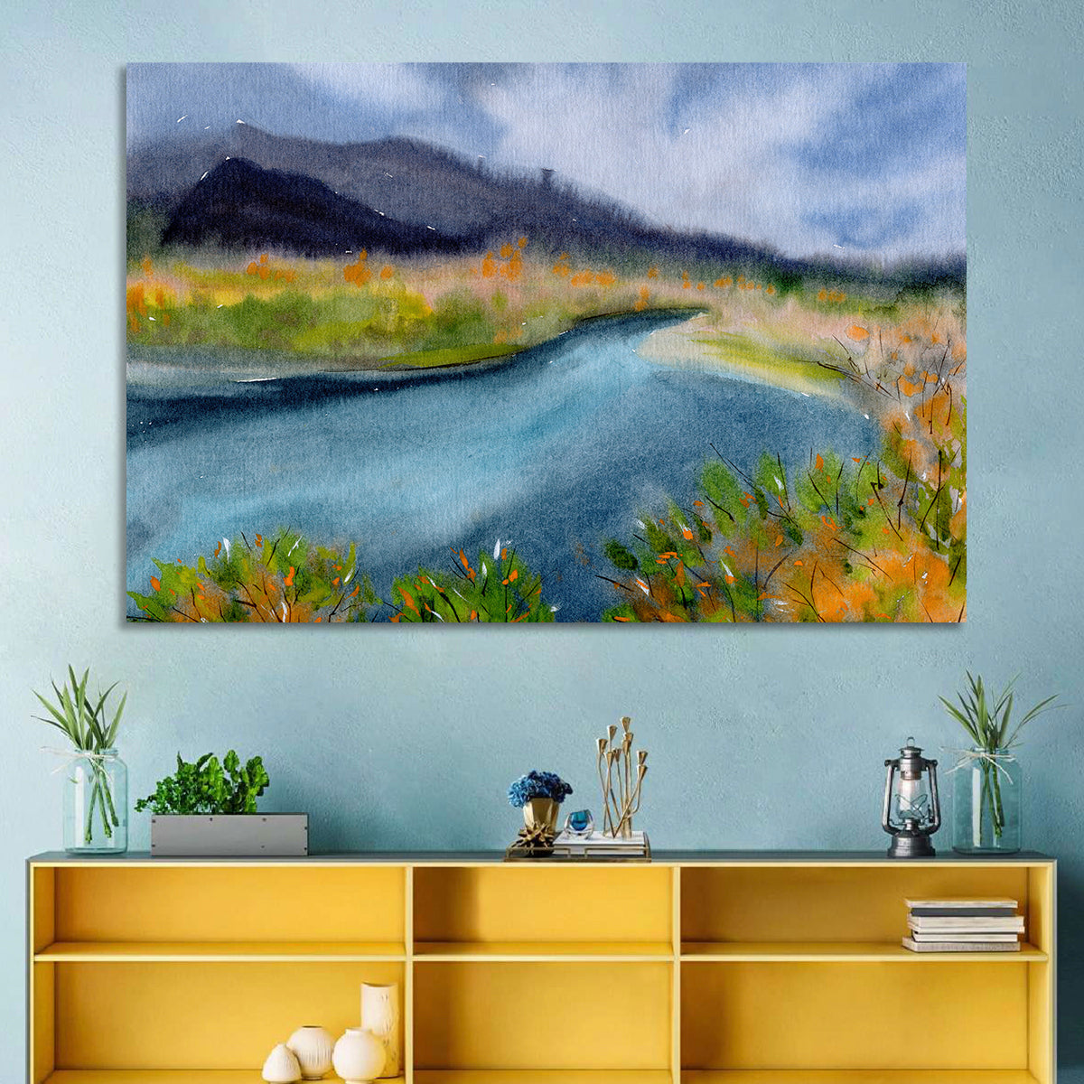 Misty Autumn River and Mountain Landscape Wall Art