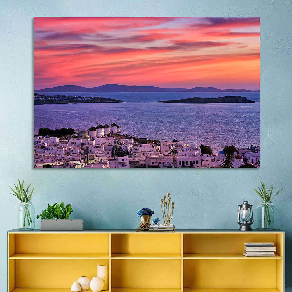 Mykonos Windmills at Sunset Wall Art in a room, landscape