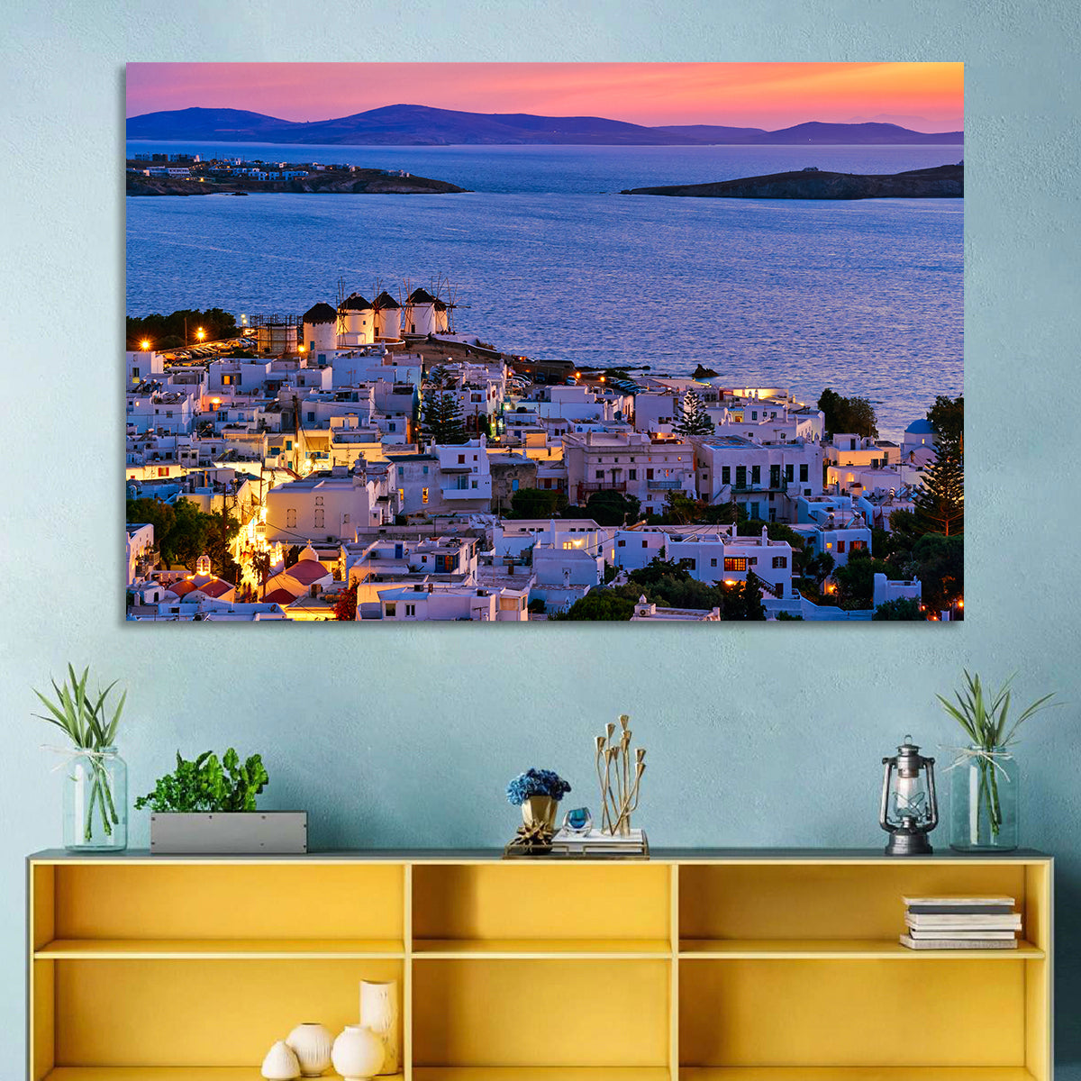 Kato Mili Windmills at Twilight Wall Art in a room, landscape