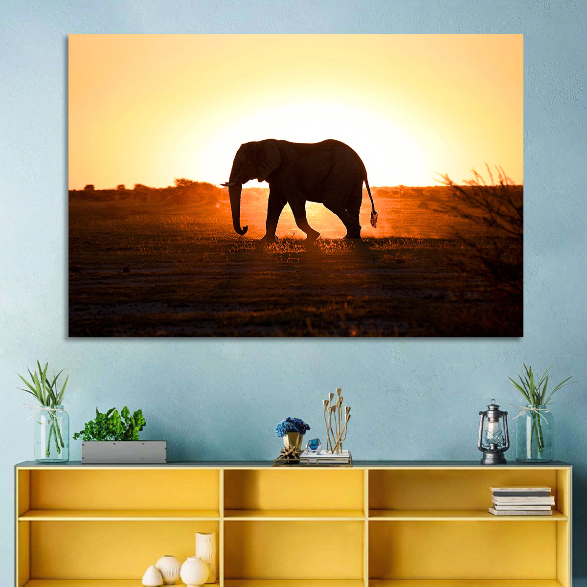 Golden Hour Elephant Silhouette Wall Art in a room, landscape