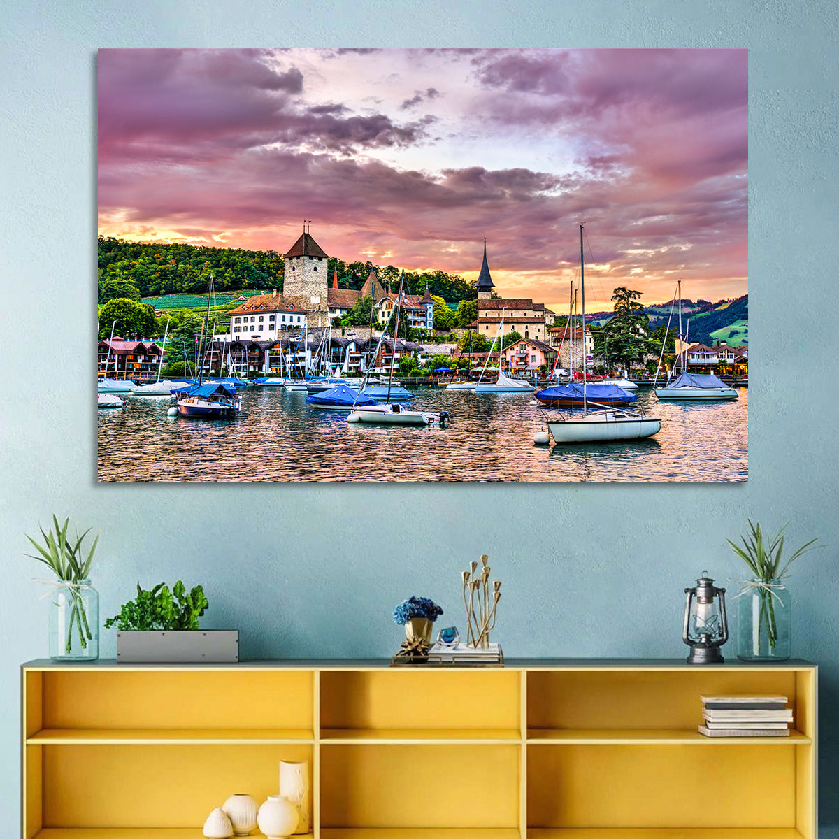 Spiez Castle Harbor Sunset Wall Art