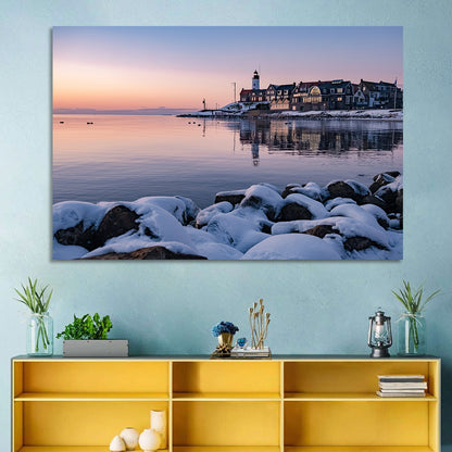 Urk Lighthouse Winter Twilight Harbor Wall Art