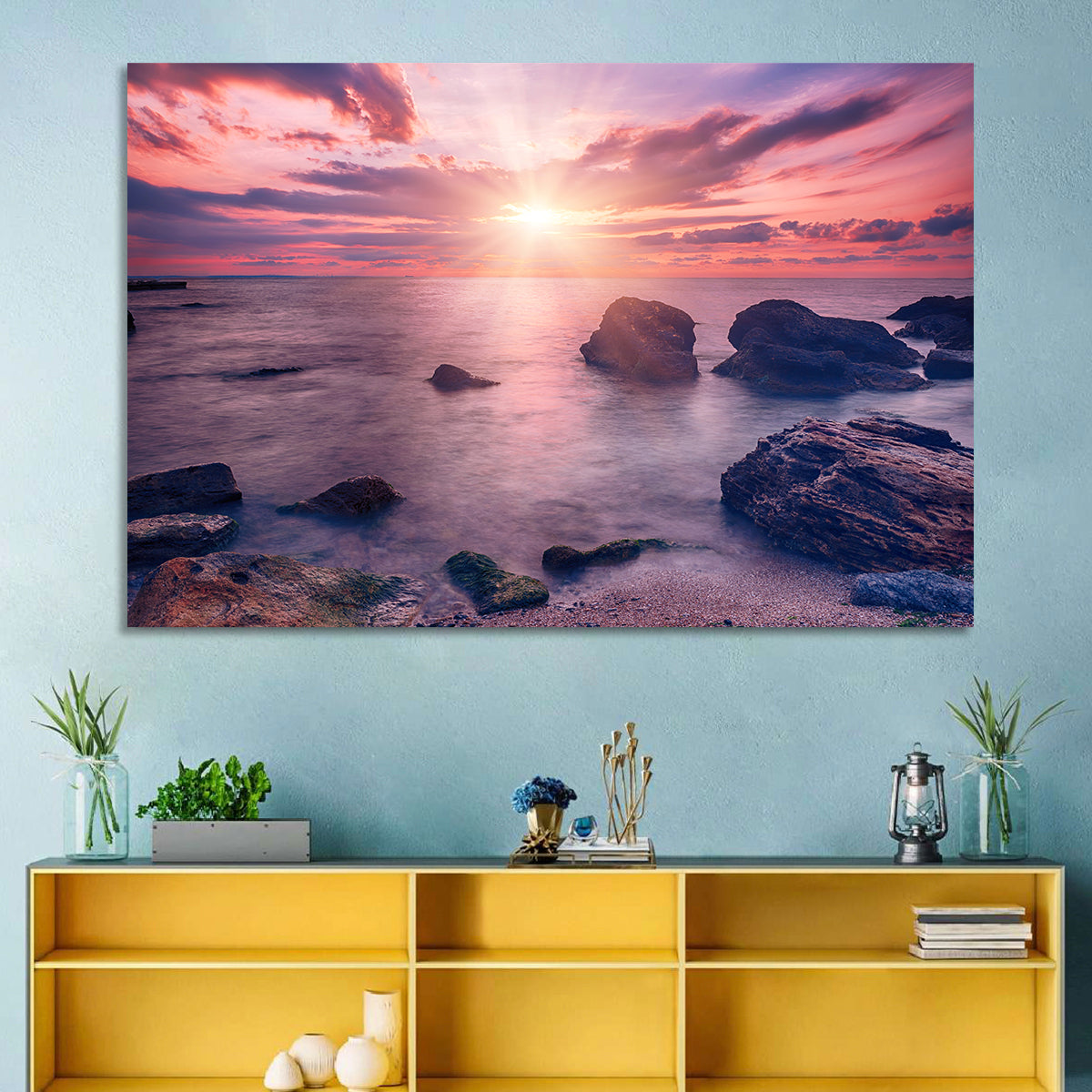 Ethereal Sea Sunrise Wall Art in a room, landscape