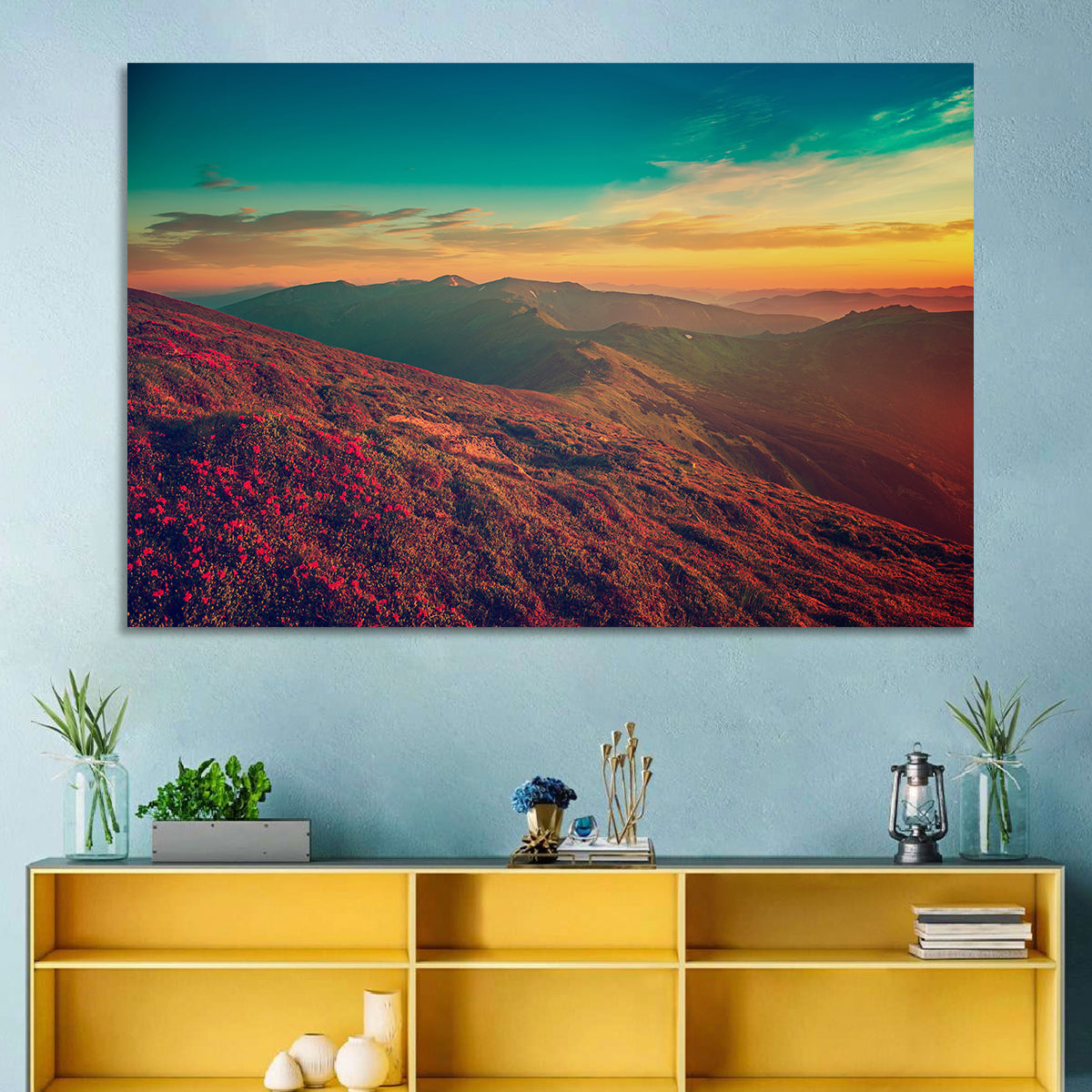 Alpine Rhododendrons at Golden Sunrise Wall Art in a room, landscape