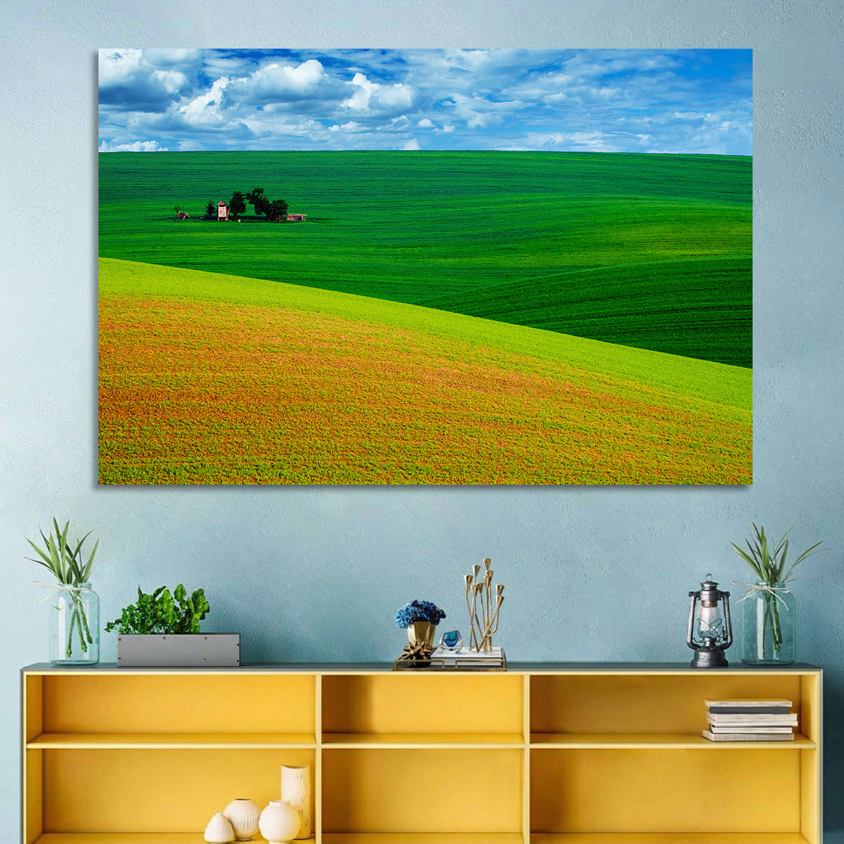 Golden Field and Green Hillside Wall Art in a room, landscape