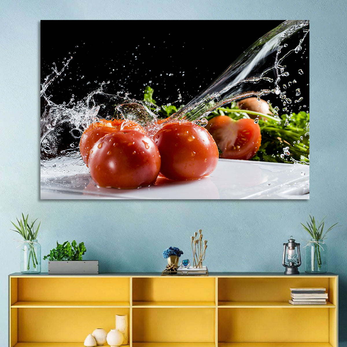 Tomatoes with Water Splash Wall Art in a room, landscape