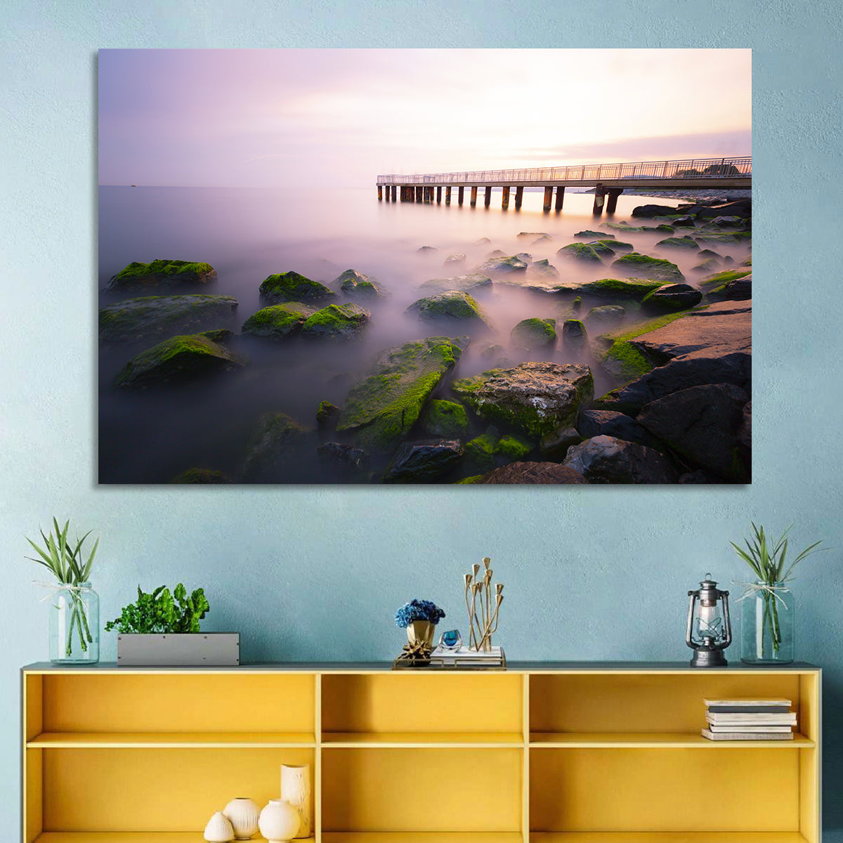 Florya Beach Pier at Lavender Dusk Wall Art in a room, landscape